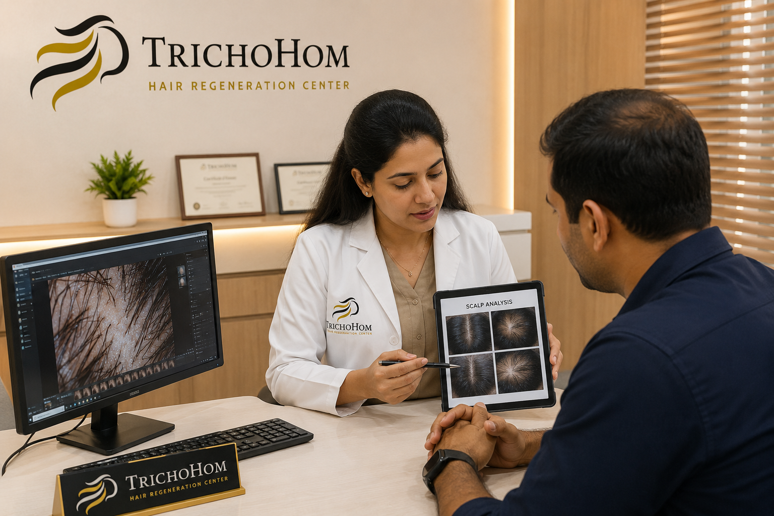 Doctor discussing scalp analysis and hair loss treatment options with a patient at TrichoHom