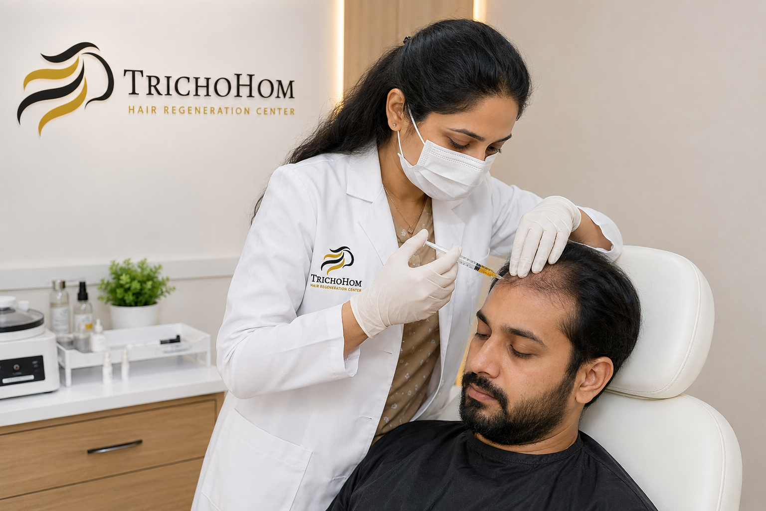 GFC hair treatment procedure being performed on a patient at TrichoHom