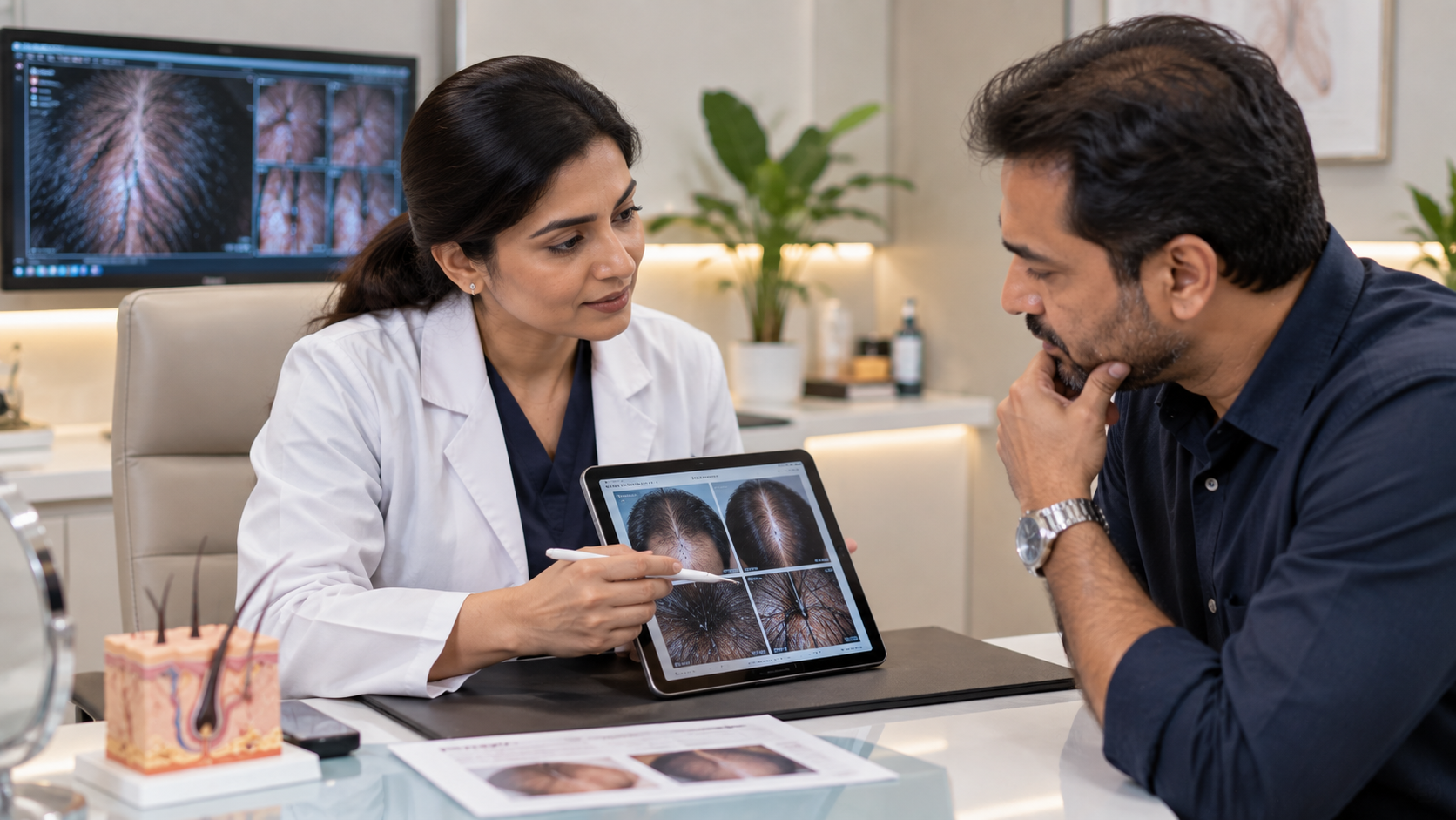 Doctor discussing GFC and Exosome hair treatment options with a patient